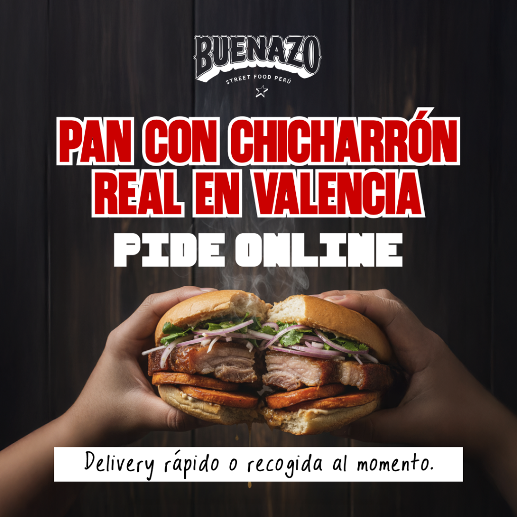 Pan con chicharrón peruano en Valencia con chicharrón crocante y sarsa criolla